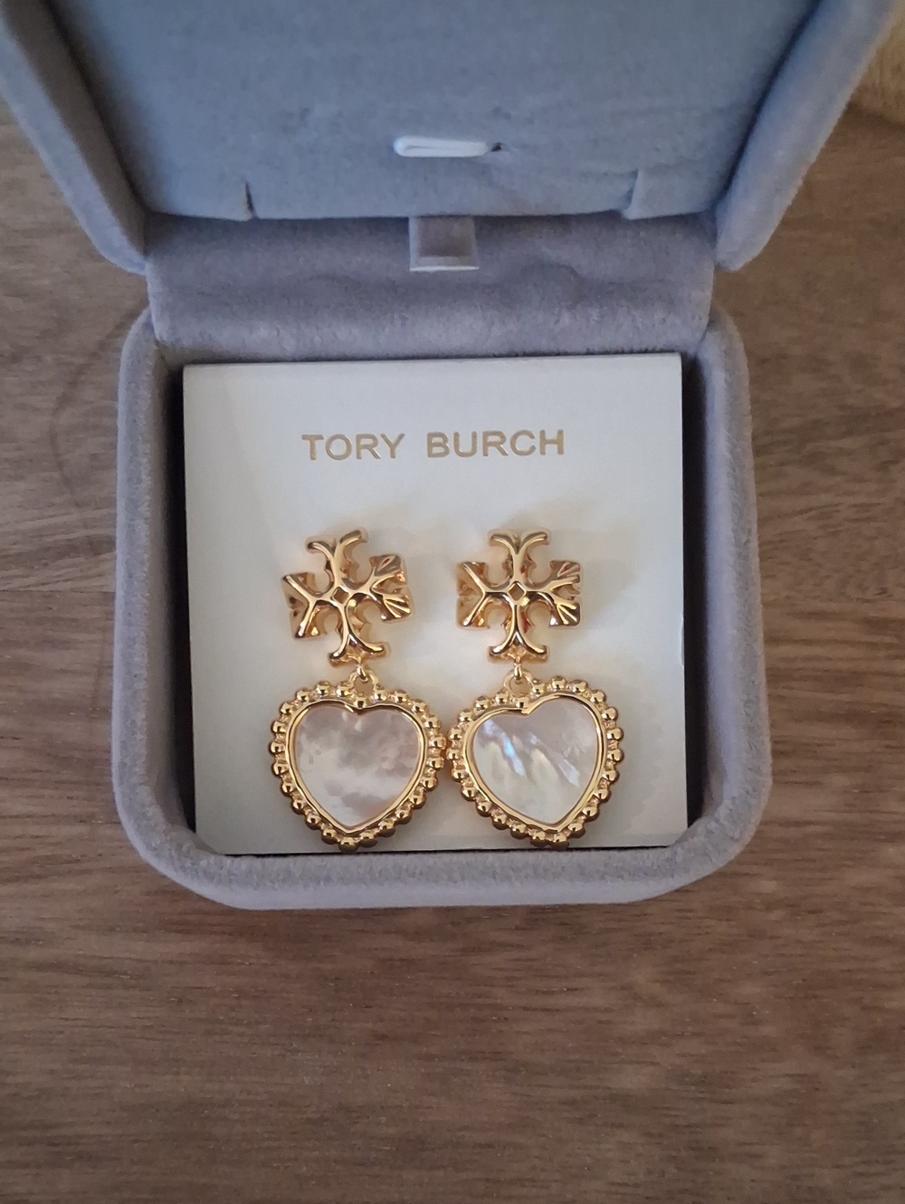 Tory Burch Gold Heart Drop Earrings with Mother-of-Pearl